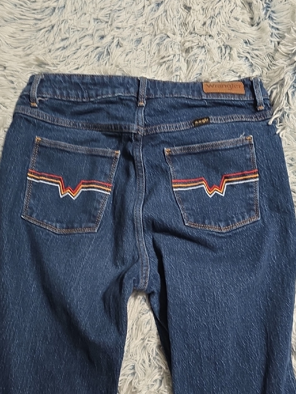 Wrangler Dark Blue Denim Jeans with Retro 70's  Rainbow Pocket Stitching